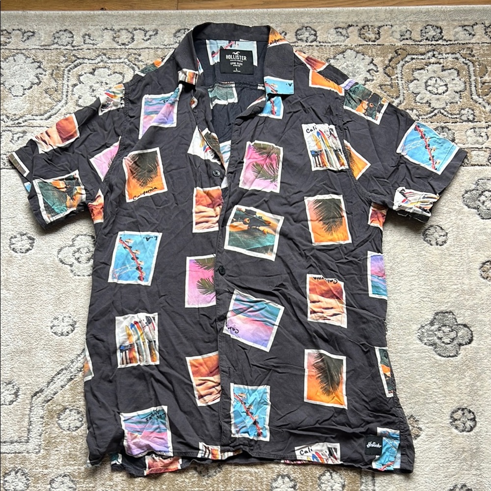 Hollister Black Casual Button Down Shirt with Artistic Prints